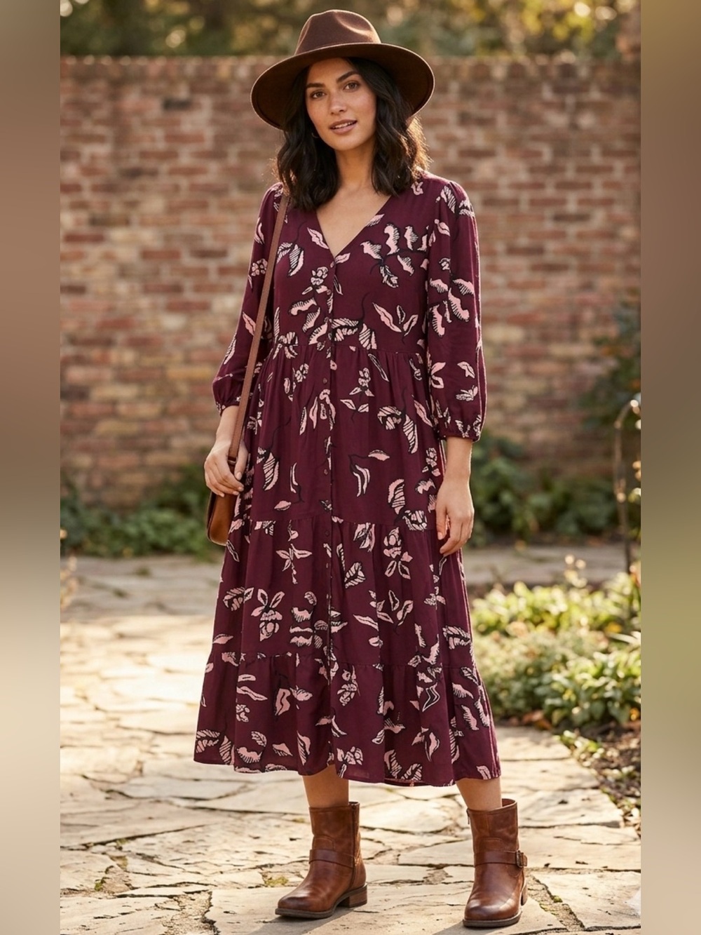 Sonoma Burgundy Floral Long-Sleeve Midi Dress with Pink Print PTP 18”
